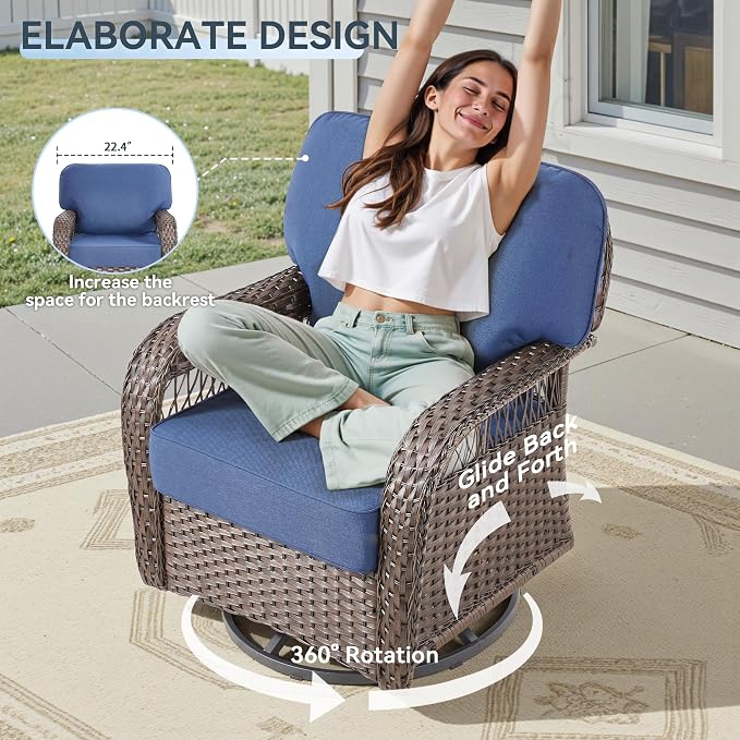 3 PCS Patio Swivel Rocking Chairs Set, Outdoor Wicker Furniture with 5-Inch Thick Olefin Cushions & Rattan Side Table, 360° Swivel Rocker Chairs for Garden, Porch, Backyard, Blue/Brown Wicker