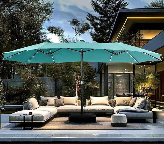 PHI VILLA 15ft Large Patio Umbrella with Solar Lights, Double-Sided Outdoor Market Rectangle Umbrellas with 36 LED Lights, Umbrella Base (Stand) Included, Turquois