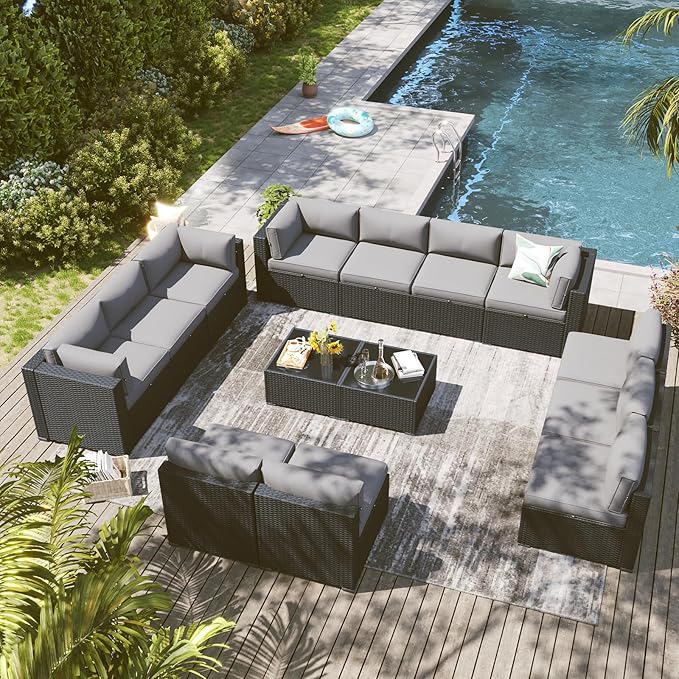 LazySunsets 14 Piece Outdoor Patio Furniture Set with Coffee Table, Outdoor Patio Furniture Set with Waterproof Cover, Wicker Rattan Outdoor Conversation Set for Backyard & Garden, Light Grey