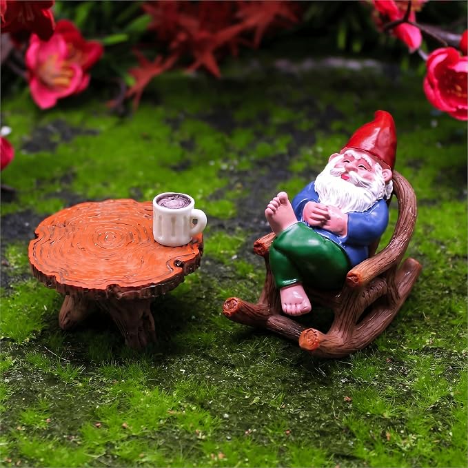 Garden Gnome Outdoor Statue Figurines Funny Gnomes with Miniature Resin Table Chairs Figurines, Gnome Decorations for Yard Home Patio Yard Lawn Balcony Porch Patio Desks Ornament