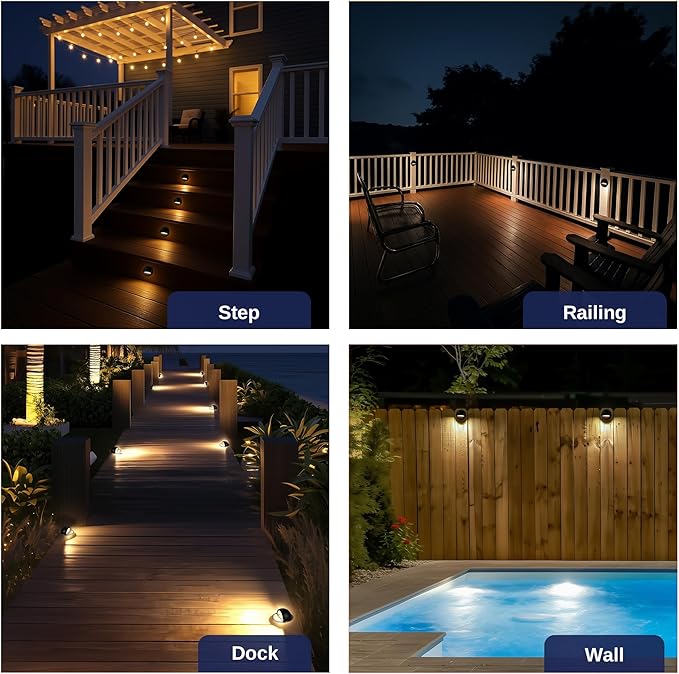 Gardenreet Low Voltage Deck Lights - Landscape Solid Brass LED Step Lights Outdoor, 12V Hardwired IP65 Waterproof, Round Black for Fence Wall Stair with 4000K Neutral White G4 Bulb 8 Pack