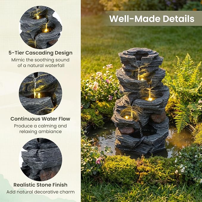 Giantex 5-Tier Water Fountain Outdoor, 18 Inch Cascading Stacked Stone Waterfall Fountain with Lights & Pump, Outside Zen Water Feature for Patio, Balcony, Deck, Garden, Yard Decor