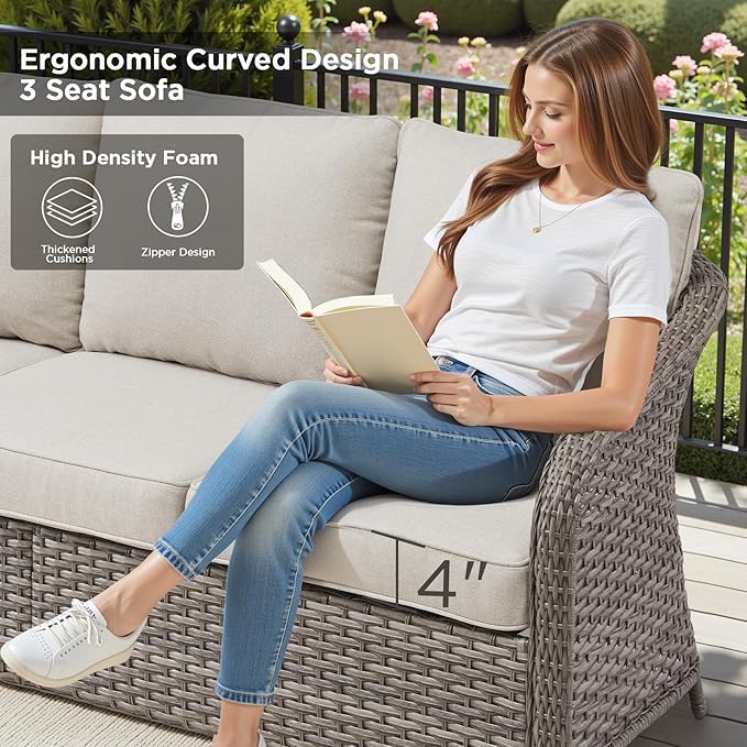 Belord 6 Pieces Patio Furniture Sets - All Weather Outdoor Swivel Rocker Patio Chairs with 3-Seat Sofa and Multifunctional Ottomans, Swivel Rocker Chairs for Garden Porch Deck Grey/Beige