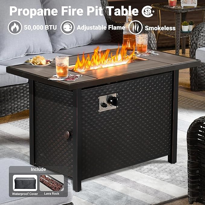 ovios 6-Pieces Patio Furniture Set with 42 Inch Fire Pit Table, Outdoor Wicker Sofa Couch Ottomans Comfy Cushions, High Back Modern Conversation Set, Grey Rattan, Grey
