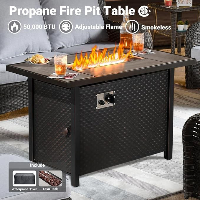 ovios 7 Pieces Patio Furniture Set with 42 inch Fire Pit Table, Outdoor Wicker Sofa Couch Swivel Rocking Glider Chairs, Modern Luxury Conversation Set, Grey Wicker, Grey