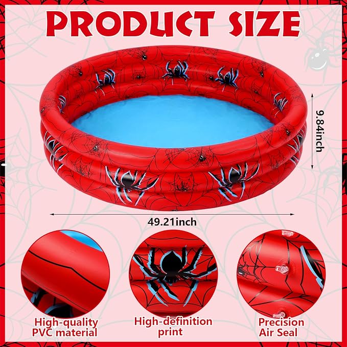 Arrowbash Spider Inflatable Pool 49" x 10" Spiderweb Red Garden Round Blow up Swimming Pool for Summer Indoor&Outdoor Water Game Play Center