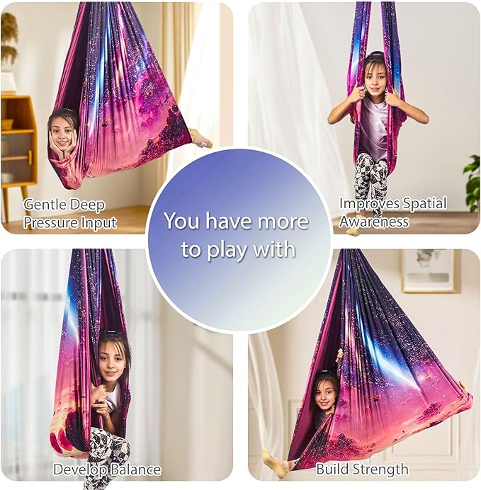 Sensory Swing for Kids Indoor & Outdoor Double Layer Therapy Cuddle Swing with 360° Swivel Hanger Kit Adjustable Swings for Child and Adult with Aspergers Autism (Fantasy Pink)
