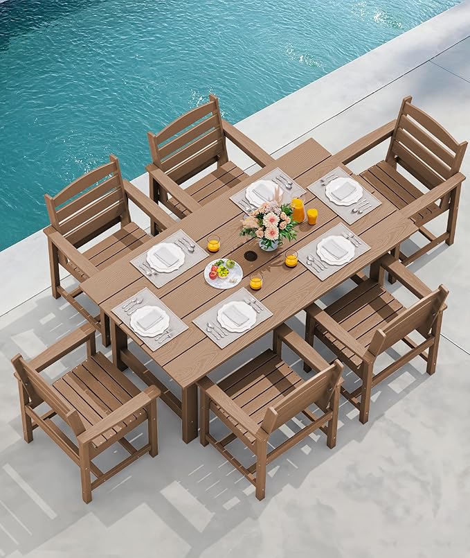 SERWALL 6 Pcs HDPE Dining Set, Includes 1 Table, 1 Bench & 4 Chairs, Brown | Outdoor Dining Set with Bench, All-Weather Resistant SERWALL Dining Set for patio