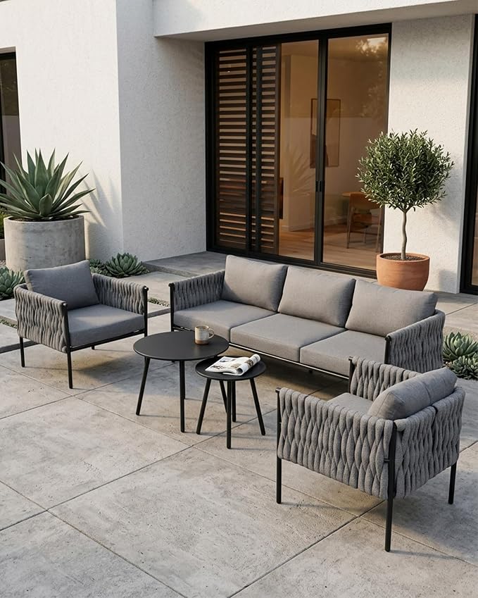 5 Piece Patio Furniture Set, Woven Rope Outdoor Furniture Couch with 2 Round Coffee Tables, All Weather Patio Conversation Sets with Oversized 3-Seater Sofa & Washable Cushions for Backyard
