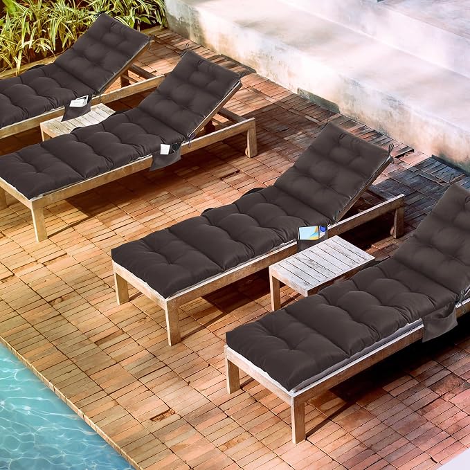 Kigley 2 Pcs Outdoor Chaise Lounge Cushions with 3 Side Pocket 74.5 x 22 x 4.7 Inch Patio Chaise Lounge Cushion, Water-Repellent and Fade-Resistant Tufted Summer Replacement(Dark Brown)
