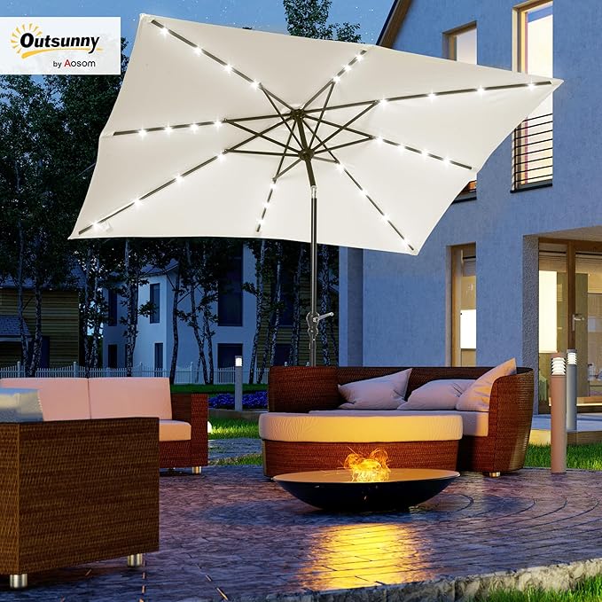 Outsunny 9' x 7' Solar Umbrella, LED Lighted Patio Umbrella for Table or Base with Tilt & Crank, Outdoor Umbrella for Garden, Deck, Backyard, Pool, Beach