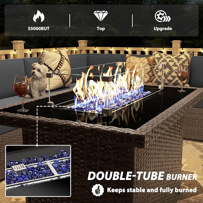 13 Pieces Patio Furniture Set with 44" Propane Gas Fire Pit Table, Outdoor Sectional Wicker Conversation Sofa Sets with Coffee Table