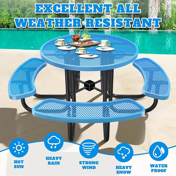 Ceridwen Heavy Duty Picnic Table with 4 Benches, Expanded Metal Steel Mesh Outdoor Patio Dining Table Bench Set with Umbrella Hole,Outdoor Patio Dining Table for Garden (Round, Blue, 46FT)