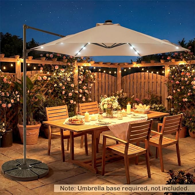 HAPPYGRILL 10 FT Patio Umbrella with Solar Lights, Outdoor Offset Cantilever Umbrella with White LED Lights, 360 Degree Rotation, Air Vent for Pool Deck Garden Backyard