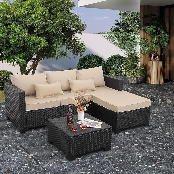 3 Piece Outdoor Patio Furniture Set with Waterproof Covers, Light Grey Patio Couch for Backyard, Deck, Porch Lounge(Beige)