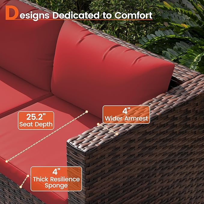 Patio Furniture Set, 7-Piece Outdoor Sectional Rattan Sofa Set with Coffee Table (Burgundy Cushions with Brown Rattan)
