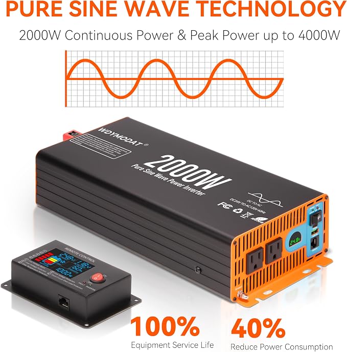 2000W Pure Sine Wave Inverter,24V DC to 120V AC Car Power Inverter 4000W Peak with 2AC Outlets, 3.0A USB and Type-C, LCD Display 16.5 ft Remote Control for RV Truck Travel Solar Emergency