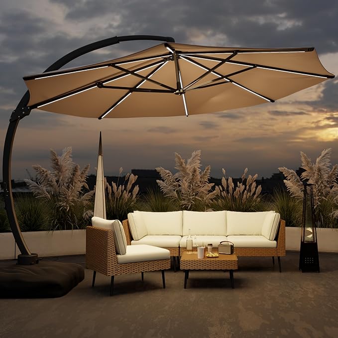 12FT Solar Powered LED Light Cantilever Patio Umbrella with Base Included, Large Cantilever Umbrella with 360°Rotation, Heavy-Duty Offset Outdoor Umbrella for Patio,Pool,Backyard (Champagne)