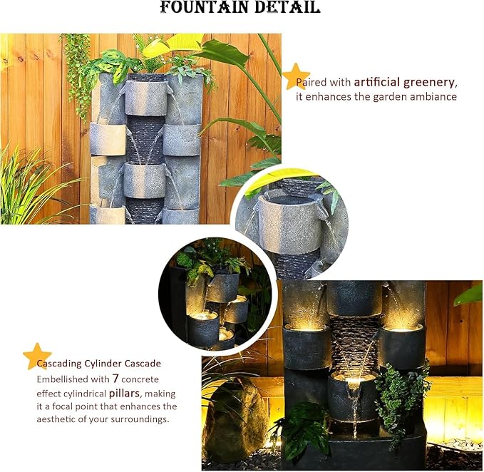 Tankana 45" H Outdoor Water Fountain Garden - Large Cascading Waterfall Freestanding Fountains Water Feature with Lights for Patio Backyard Deck Porch and Home Decor, Concrete Artistry Style, Gray