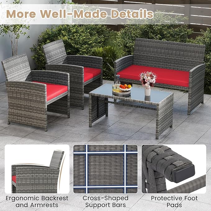 Tangkula 8 Piece Patio Wicker Furniture Set, Outdoor Heavy Duty Rattan Cushioned Chairs, Loveseat and Tempered Glass Coffee Table, for Backyard, Balcony, Poolside Red