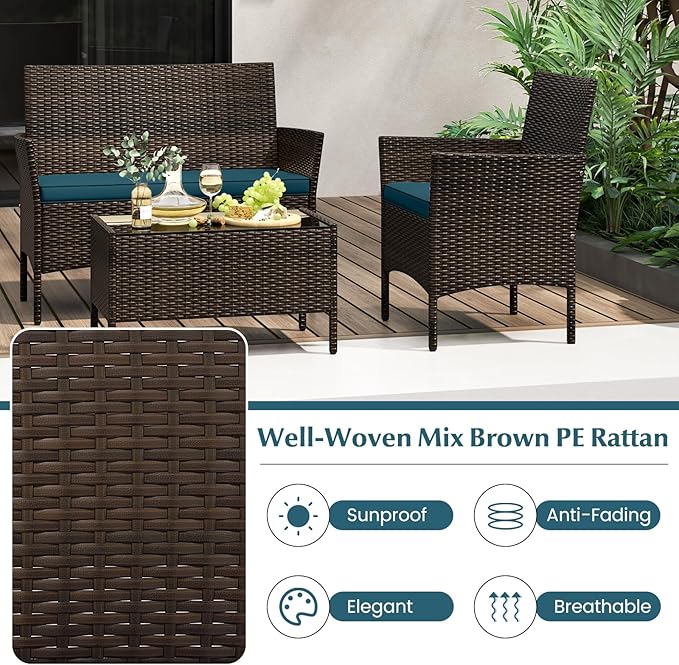 Tangkula 8 Piece Patio Rattan Conversation Set, Outdoor Wicker Furniture Set with Chair, Loveseat & Tempered Glass Table, Cozy Seat Cushions, Outside Sectional Sofa Set for Backyard (2, Peacock Blue)