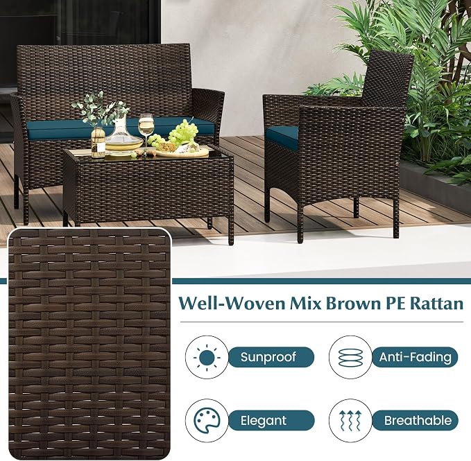 4 Piece Patio Furniture Set, Sectional Conversation Sofa Set with Glass Coffee Table, Cushions & Loveseat, Wicker Outdoor Table and Chairs for Pool, Garden, Deck, Backyard (1, Peacock Blue)