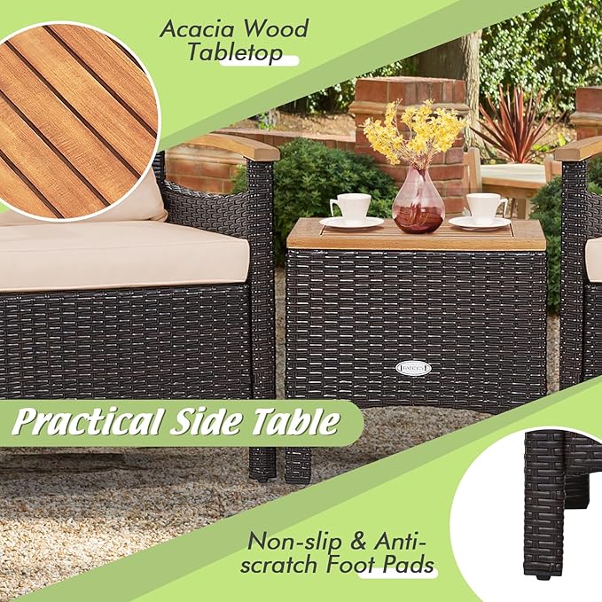 Tangkula 3-Piece Patio Furniture Set, Patiojoy Outdoor Rattan Sofa Set with Coffee Table, Patio Conversation Set with Removable Cushion, Cozy Acacia Wood Armrests for Backyard, Poolside (Beige)