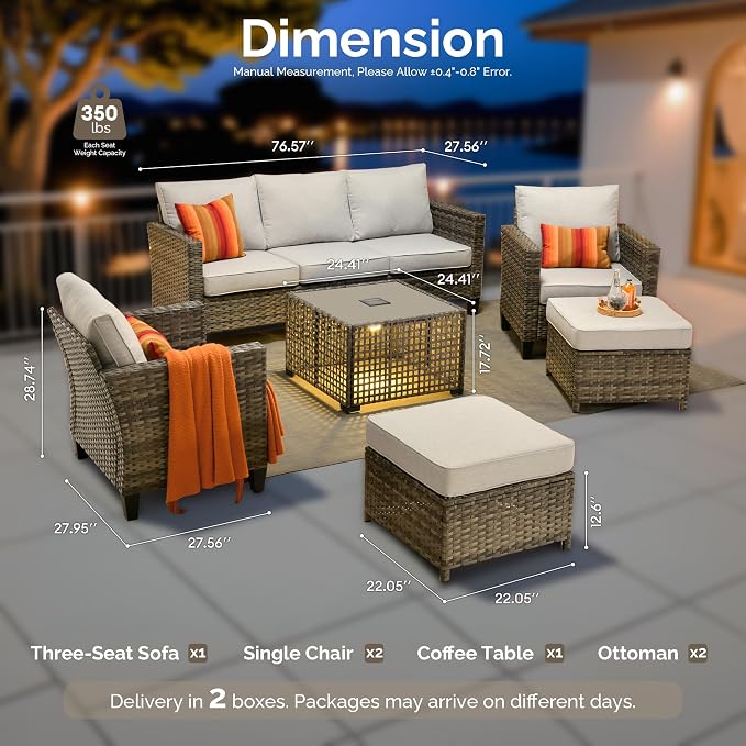 6 Piece Wicker Patio Furniture Set with Solar Table, Gray | Outdoor Deep Seating Sofa Chair Ottoman, Solar Lights Table, All Weather Rattan, Modern Conversation Set, Porch Deck Backyard