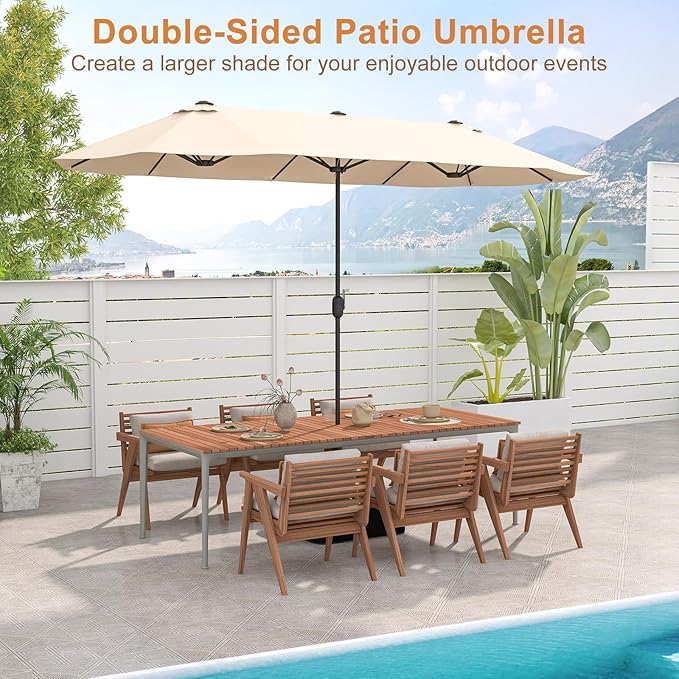 Giantex Patio Umbrella with Base, Double-Sided Outdoor Umbrella with Crank Handle, Umbrella Base Stand with 2 Sandbags, 12 Metal Ribs, Market Umbrellas for Garden Poolside Deck