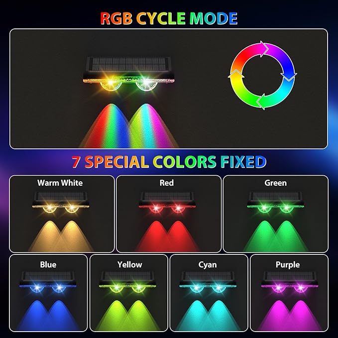 Solar Fence Lights Outdoor, 7 Fixed Colors ＆ Color Changing IP65 Waterproof Solar Powered Lights for Backyard/Patio/Fence/Wall/Deck/Step/Porch/Railings/Pool (8pack)