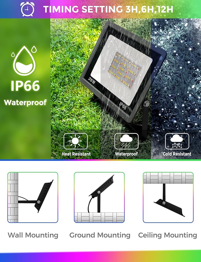 L LOHAS LED RGB LED Flood Light Outdoor, 25W DIY Color Changing Party Lights with Remote, Auto ON/OFF Yard Light, IP66 Waterproof Landscape Floor Strobe Light, 9.84FT cord Uplights for Christmas 2Pack