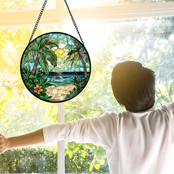 DASTOLL Stained Glass Window Hanging, Green Beach Scenery Suncatcher Diamond Glass Panel Hangings Sun Catchers Decor for Birthday for Women, Men, Wife, Aunt, and Mom 9.8 in