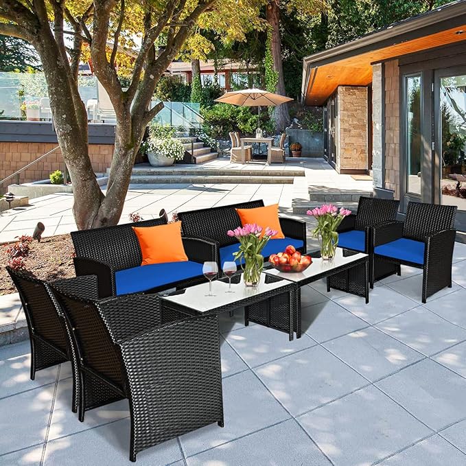 Tangkula 8 Pieces Patio Wicker Conversation Furniture Set, Patiojoy Sofa & Table Set w/4 Seats, Outdoor Rattan Sofa Set for Balcony Backyard, Wicker Chair Set with Tempered Glass Coffee Table
