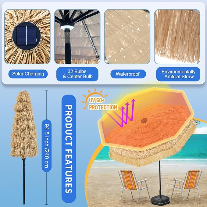 9 FT Solar Thatch Tiki Umbrella, Hawaiian Style Straw Umbrellas with Zinc Alloy Push Button Tilt, UPF 50+ Patio Umbrella,Outdoor Umbrella with 32 LED Lights for Beach, Pool,Garden