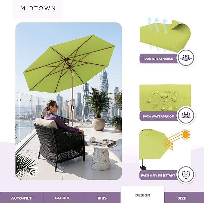 Midtown Umbrellas Wooden 2-8 Ft Patio Umbrella with 360° Swivel & Tilt Mechanism, 8 Fiberglass Ribs & Sunbrella Fabric - Outdoor Umbrella for Deck, Pool & Garden - Burgundy Canopy, Wooden Pole