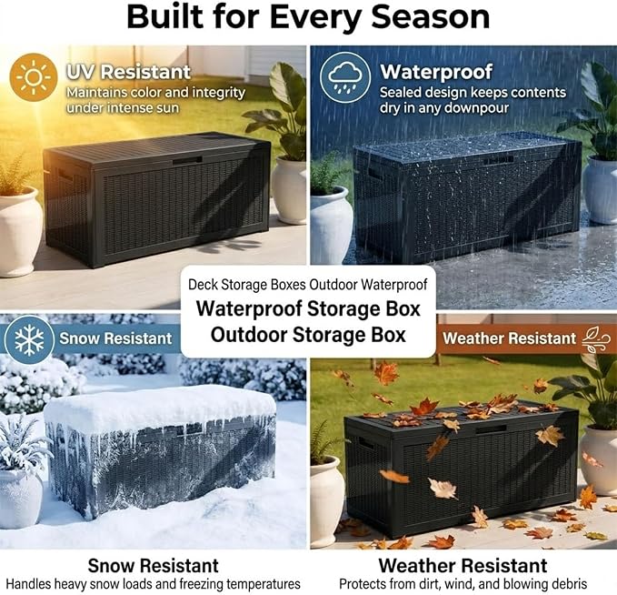 100 Gallon Large Deck Box, Premium Wicker Style Imitation Rattan Waterproof Outdoor Storage for Patio Furniture Cushions, Garden Tools & Pool Accessories, Lockable UV Resistant Black