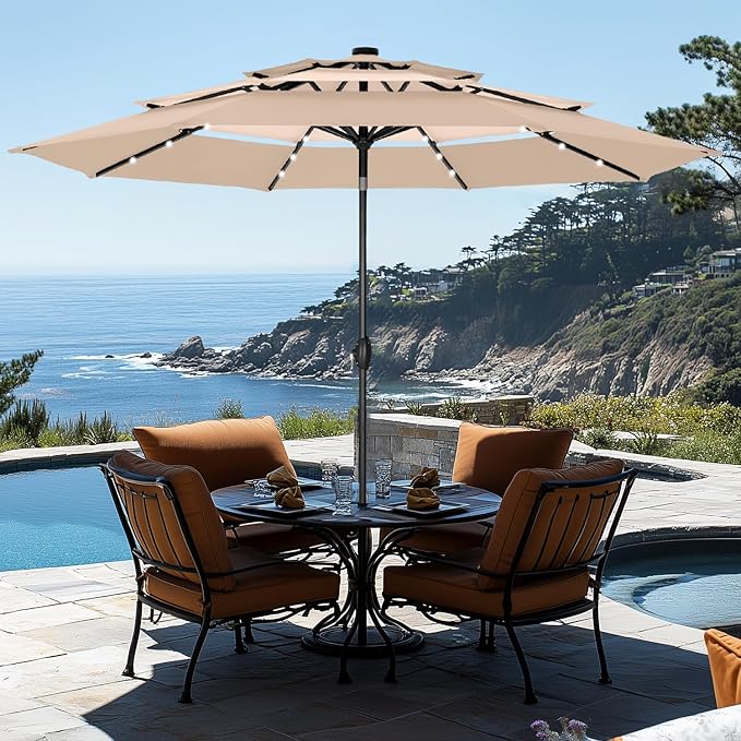 GREEN PARTY 10ft Patio Umbrella with Solar Lights, Auto-Tilt Lighted Market Table Umbrellas with Crank, 8 Sturdy Ribs & 1.5" Pole outdoor umbrellas for Patio Garden Deck Backyard Pool, Beige & Tan