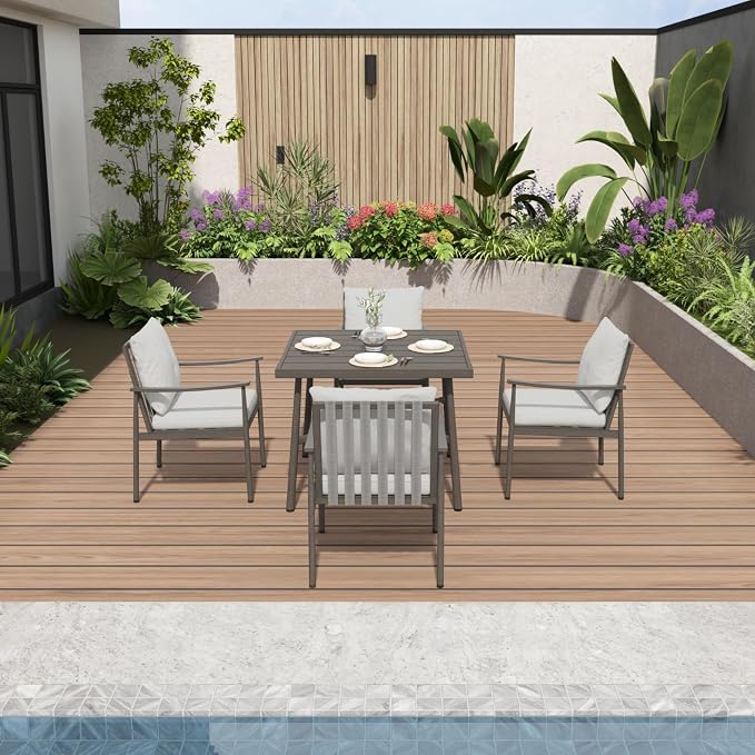 5-Piece Outdoor Dining Set for 4, Aluminum Patio Dining Set with Cushions, 4 Dining Chairs with Rope Backrest, Square Table with Umbrella Hole, Patio Dining Set for Lawn Porch Backyard,Grey