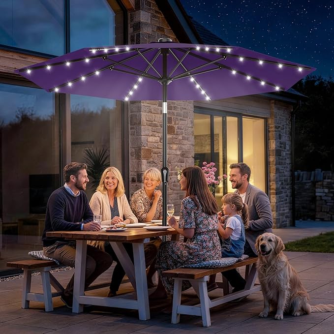 AreShark 9FT Patio Umbrella with Solar Lights, 32 Lighted Pool Umbrella w/Tilt and Crank, Outdoor Market Solar Umbrellas for Garden, Deck, Backyard, Pool and Beach, Purple