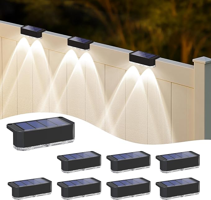 Peasur Solar Fence Lights Outdoor, 8 Pack Step Light Solar Powered, Waterproof LED Deck Lights for Stairs Railing Yard Patio Outside(Cool White)