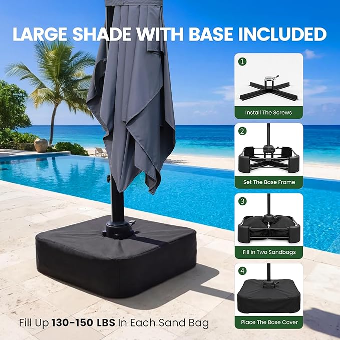 Olilawn 2 Pack 9' X 12' Patio Umbrella with Base Included, Large Outdoor Cantilever Offset Patio Umbrellas Rectangular Aluminum Umbrella with 360-degree Rotation & Infinite Tilt Adjustment for Poolside Luxury, Hosting, Backyard BBQ, Light Grey