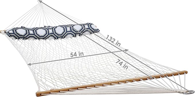 Sunnydaze Polyester Rope Double Hammock with Spreader Bars - 400-Pound Capacity - White with Navy and Gray Octagon Pillow