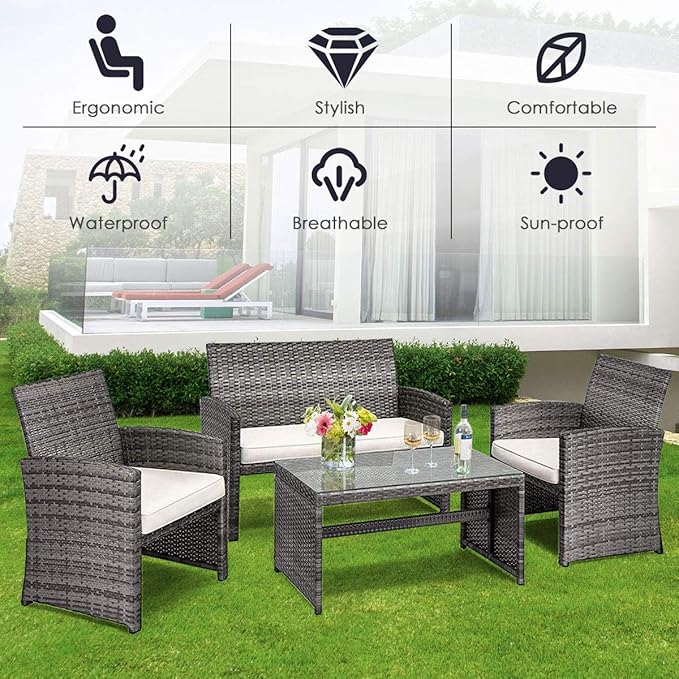 MAT EXPERT 4-Piece Wicker Sofa Chair and Table Set, Patio Rattan Conversation Set w/Removable Cushions, Outdoor Sofa Furniture w/Tempered Glass Coffee Table for Garden/Lawn/Pool/Backyard