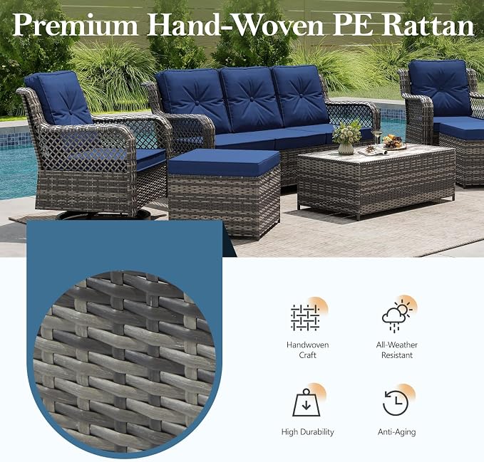 Outdoor Patio Furniture Set with Swivel Chairs and Ottoman, 6 Pieces All-Weather Wicker Patio Conversation Sets with Sofa and Coffee Table for Backyard, Porch, Balcony, Blue