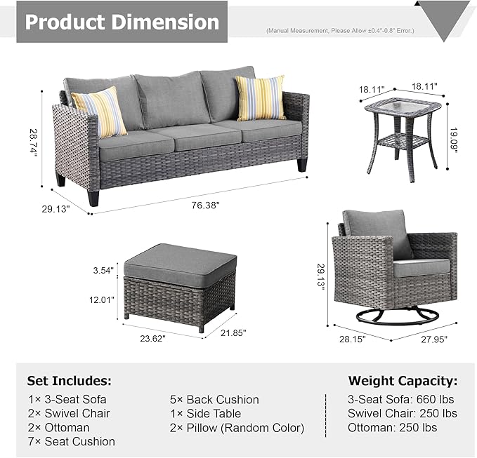 HOOOWOOO Wicker Patio Conversation Sets,6 Piece Outdoor Furniture Set with Swivel Rocking Chairs,All Weather Resistant Modern Outside Out Door Rattan Couch Chairs Side Table Set,Charcoal Gray