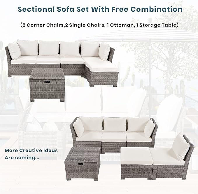 LUMISOL Outdoor Patio Furniture Set, 6 Pieces Sectional Rattan Sofa Set, PE Rattan Wicker Patio Conversation Set with Table and 0ttoman for Lawn, Garden, Backyard (Beige)