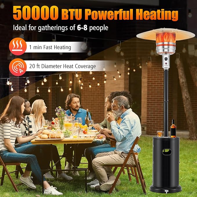 Giantex 50,000 BTU Propane Outdoor Heater, Patio Heater w/Round Table Design, Stainless Steel Burner, Tip-Over & Flame-Out Protection, Propane Heaters w/Wheels for Backyard, Garden, Commercial, Black