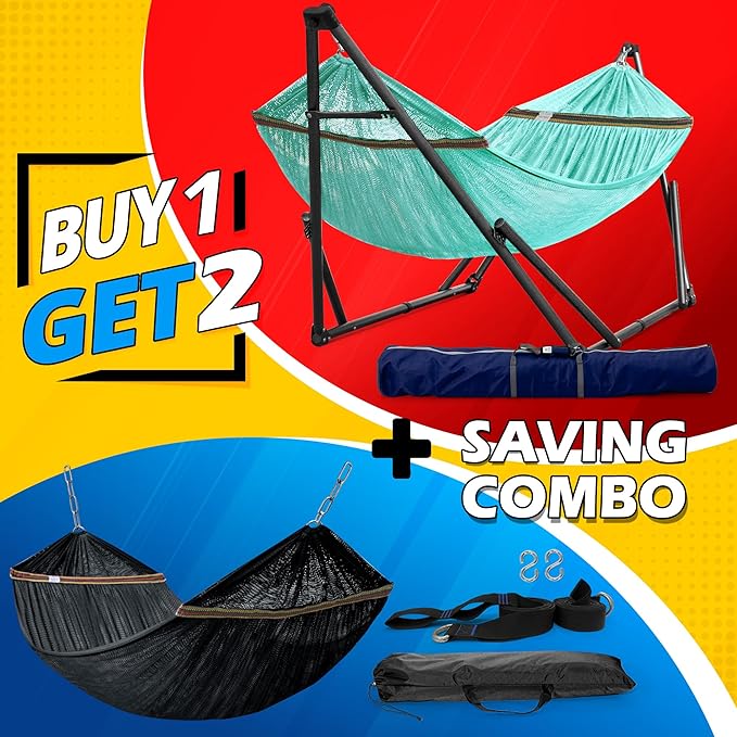 Tranquillo Combo x2 Hammocks with Stand for Outside & Tree Straps, Heavy Duty Hammock with Stand 600lbs for Indoor Outdoor Patio Backyard, x2 Hammocks for 2 Person (Combo - Sky, Medium)