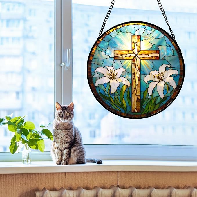 DASTOLL Christian Gifts for Women - Cross Stained Glass Window Hanging Jesus Easter White Lily Flower Sun Catcher Garden Religion Decor Mother's Day Catholic Gift for Men Grandma Mom Her Nana 15"