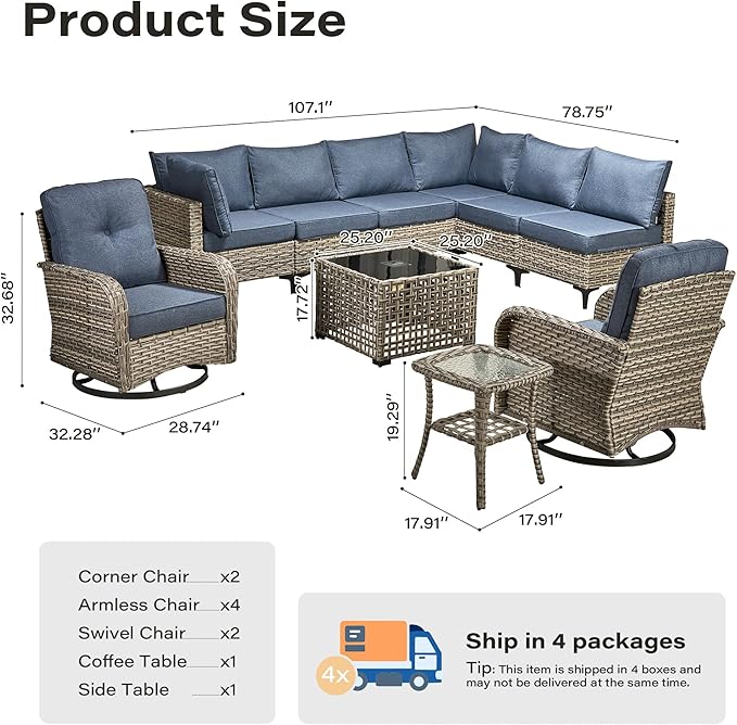 10 Pieces Outdoor Sectional Patio Furniture Set with Swivel Rocking Chairs,Wicker Conversation Sets Rattan L Shaped Couch,Modular Outdoor Sofa for Porch Balcony Backyard Denim Blue
